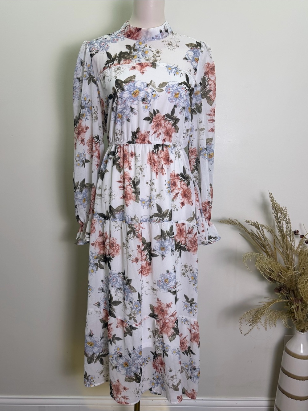 Floral Long Sleeve Midi Dress - White with Blue & Rose Blooms Size XL